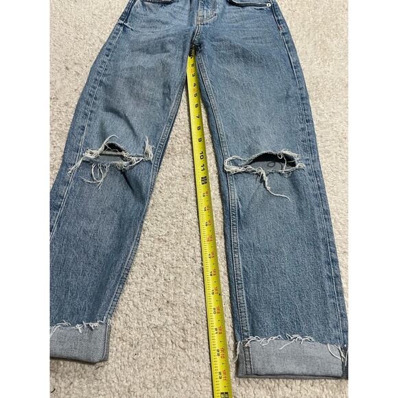 Zara Womens 0 Frayed Hem Jeans Blue Ripped Straight Leg High Rise Crop Cuffed - Picture 4 of 11